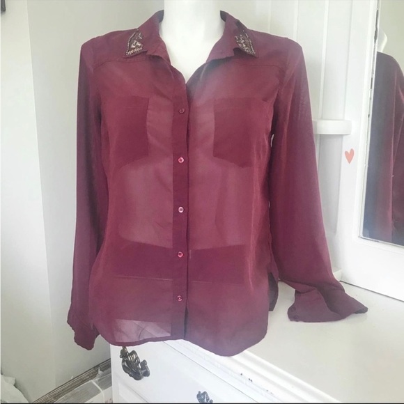 True Freedom Beaded-Collar Button Down Top Maroon Sheer Size L - Picture 1 of 8